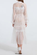 See-through blouse maxi dress with lace skirt in white