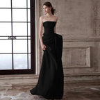 Mermaid Ruched Strapless Beading Black Prom Dress