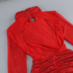 Flowering Girl Women Slinky Mesh Long Sleeve Maxi Dress in Ruby