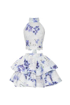 Flowering Girl Women jessica printed backless halter top skirt set in blue