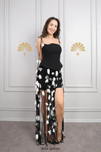 hilary black flower tassel strapless mini dress