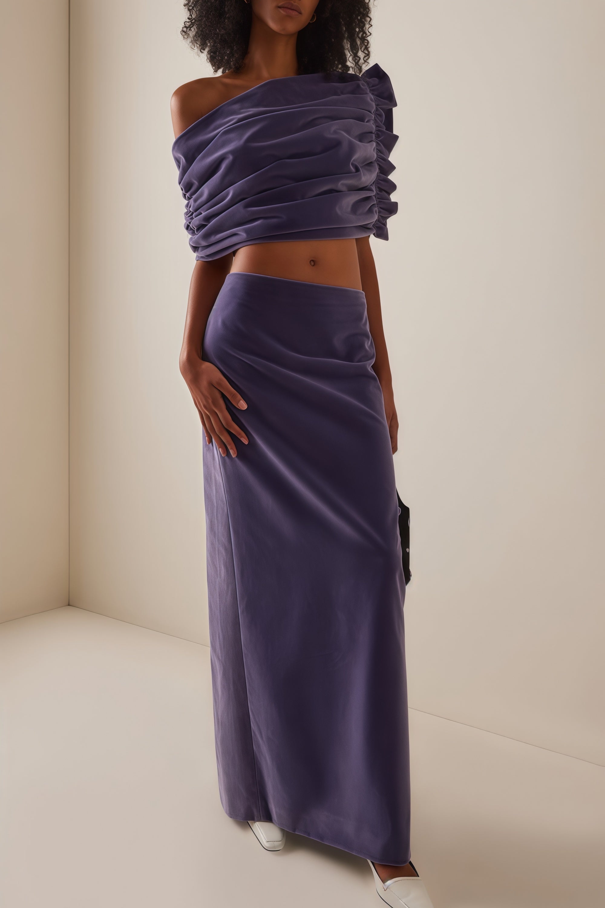 Purple Asymmetrical Cropped Top Velvet Skirt Two-Piece Set