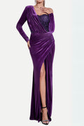 Flowering Girl Women One Shoulder Sequin-Embellished Velvet Maxi Dress In Purple