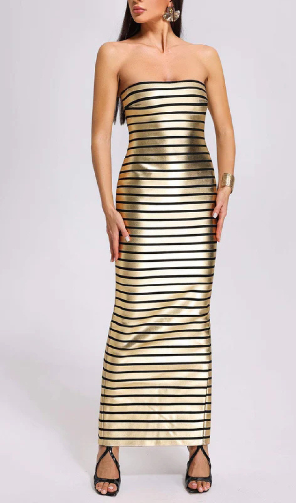 Flowering Girl Women STRAPLESS METALLIC STRIPE MAXI DRESS