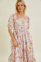 Flowering Girl Women Pleated Bodice Floral Midi Dress