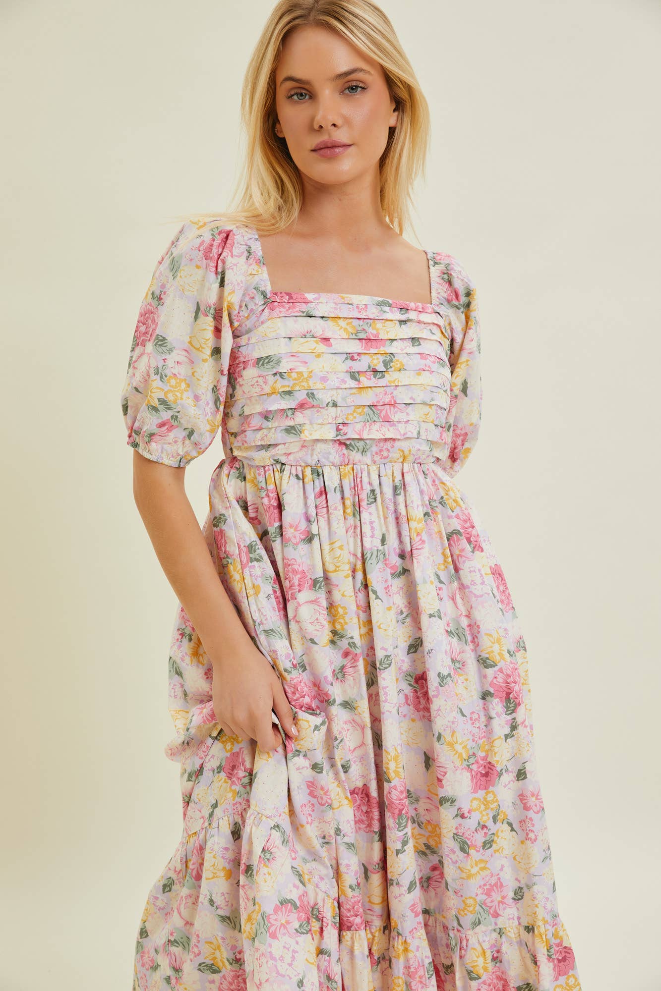 Flowering Girl Women Pleated Bodice Floral Midi Dress