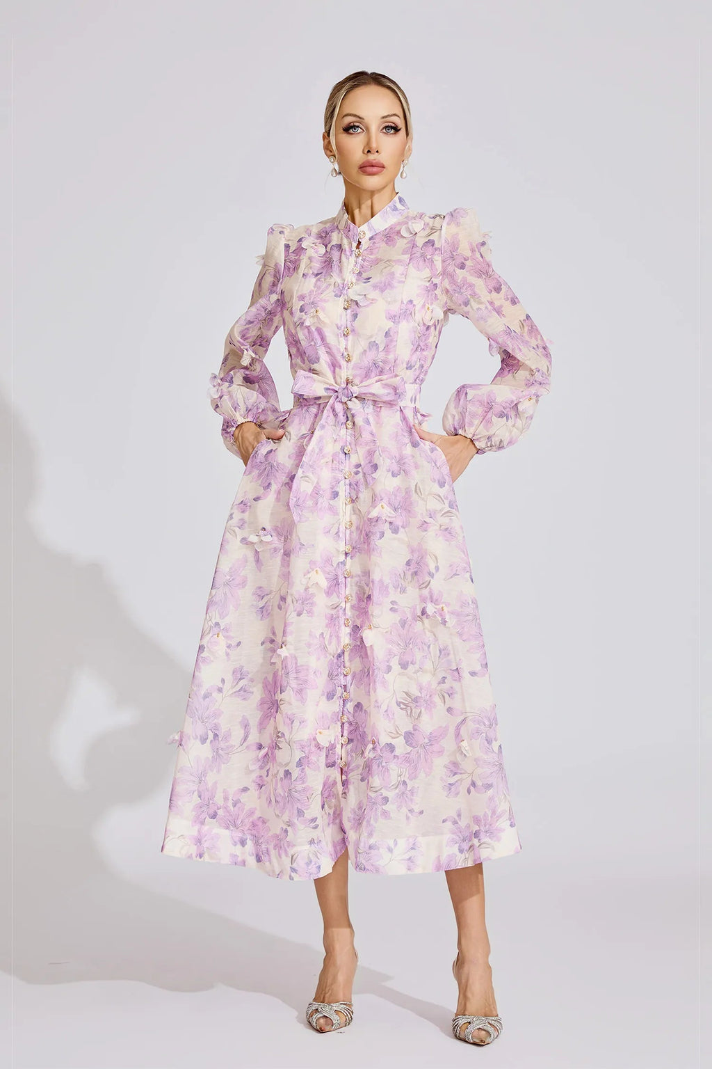 Simona Floral Print Lantern Sleeve Maxi Dress In Purple