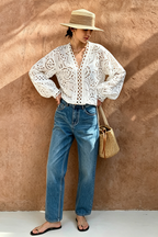 White V-Neck Eyelet Lace Blouse With Balloon Sleeves
