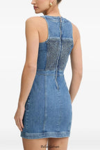 selena buttoned lace-up sleeveless mini dress in navy blue