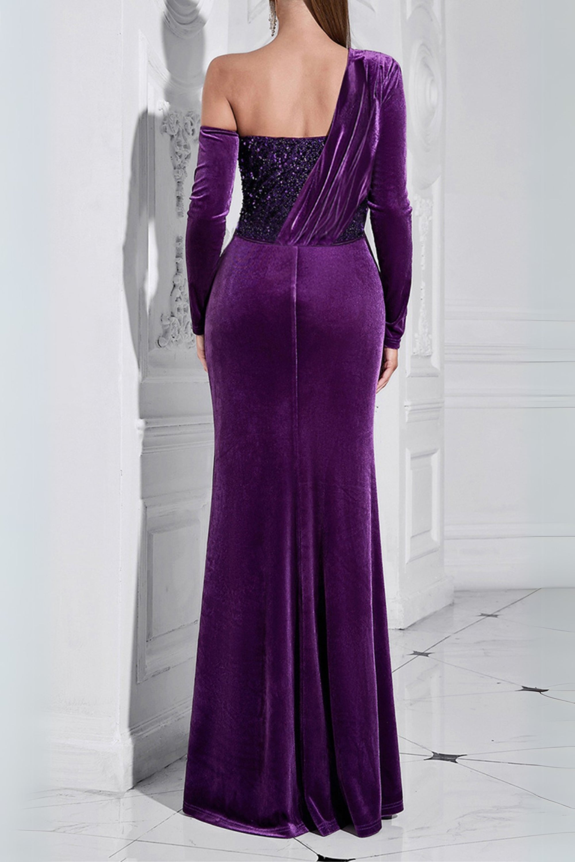 Flowering Girl Women One Shoulder Sequin-Embellished Velvet Maxi Dress In Purple