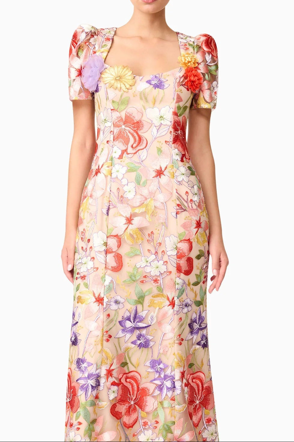 trista multicolor Square Neck backless Mesh Embroidered Fishtail maxi Dress