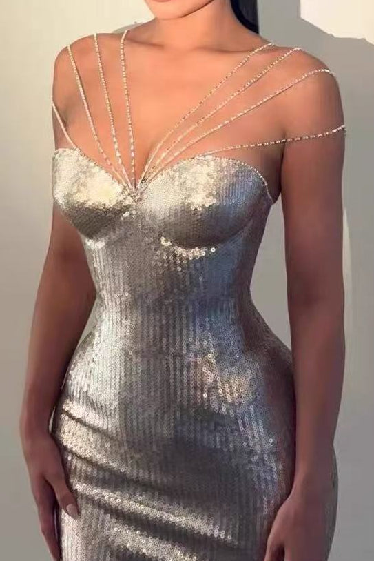 Sequin Rhinestone Strap Mermaid Maxi Gown