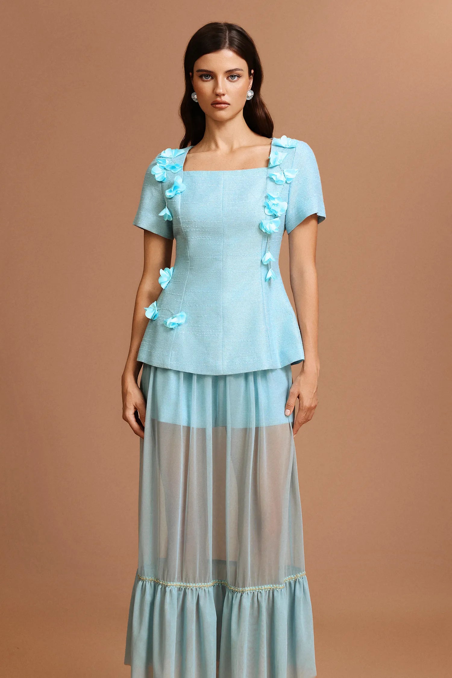 ursula blue Short Sleeves Flowers Folds Top And Skirt Two-Piece Set