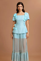 Flowering Girl Women Ursula Blue Short Sleeves Flowers Folds Top And Skirt Two-Piece Set