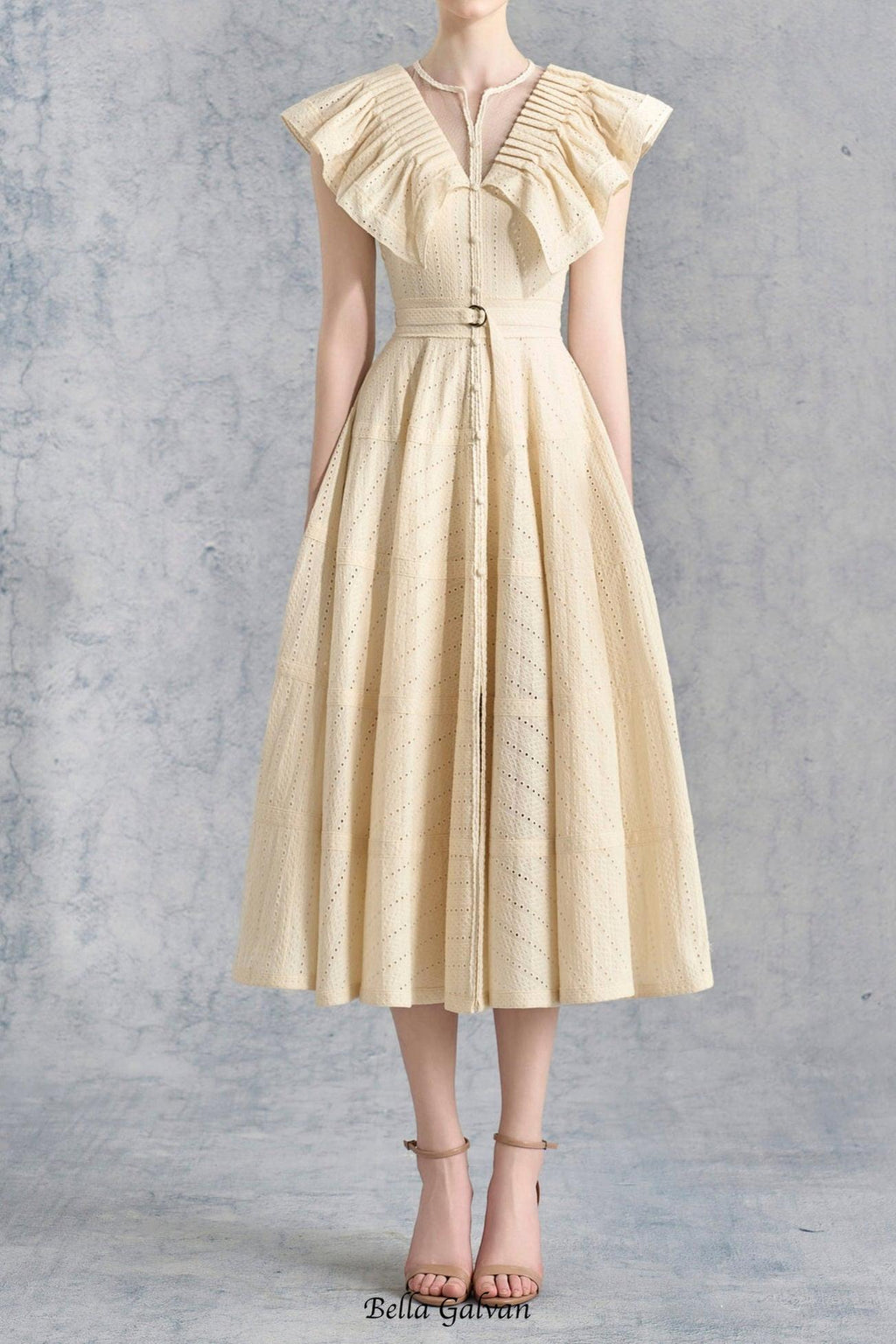 Flowering Girl Women sally Ruffled V-neck midi Dress in apricot