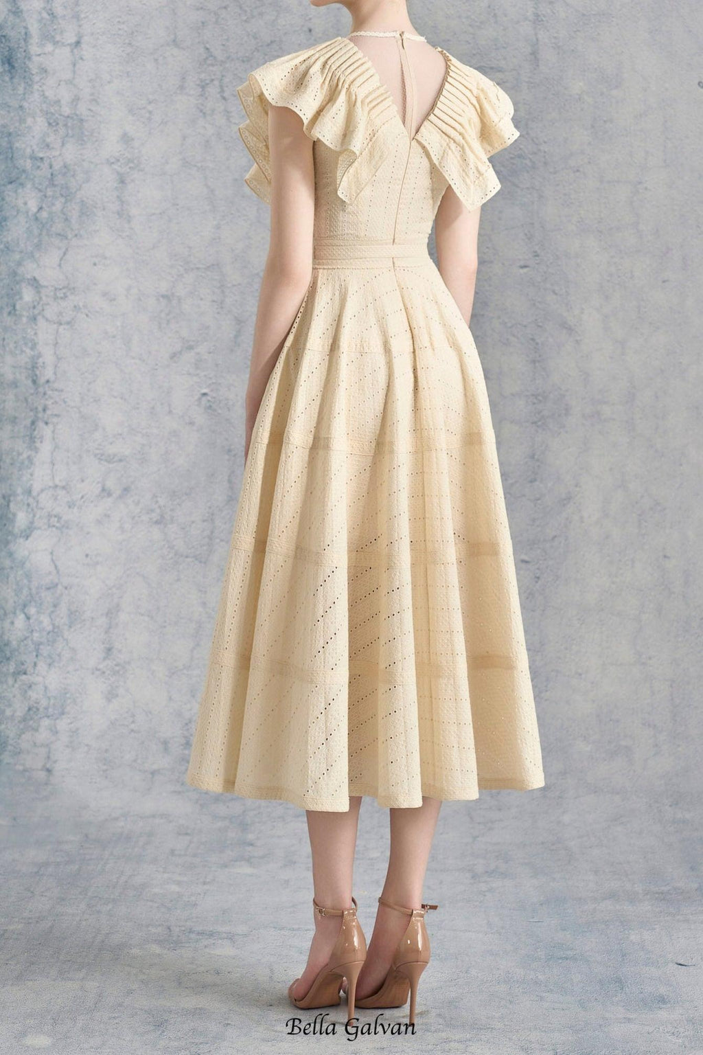 Flowering Girl Women sally Ruffled V-neck midi Dress in apricot