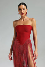 Flowering Girl Women helen Bodysuit Fringe Strapless mini Dress in red