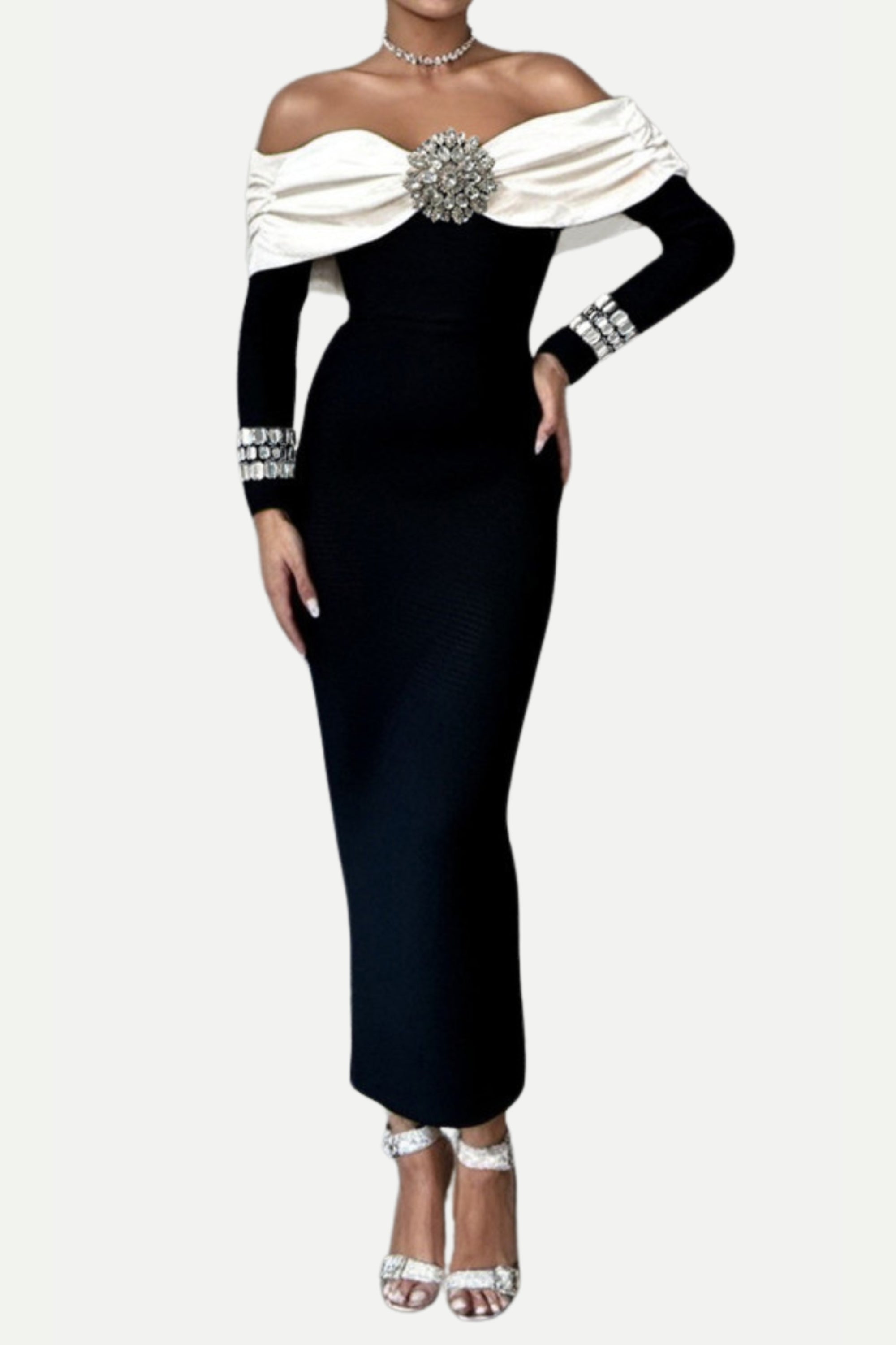 Off Neck Backless Diamond Bandage Black Maxi Dress