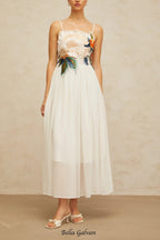joann Appliqué Camellia Floral Maxi Dress in white