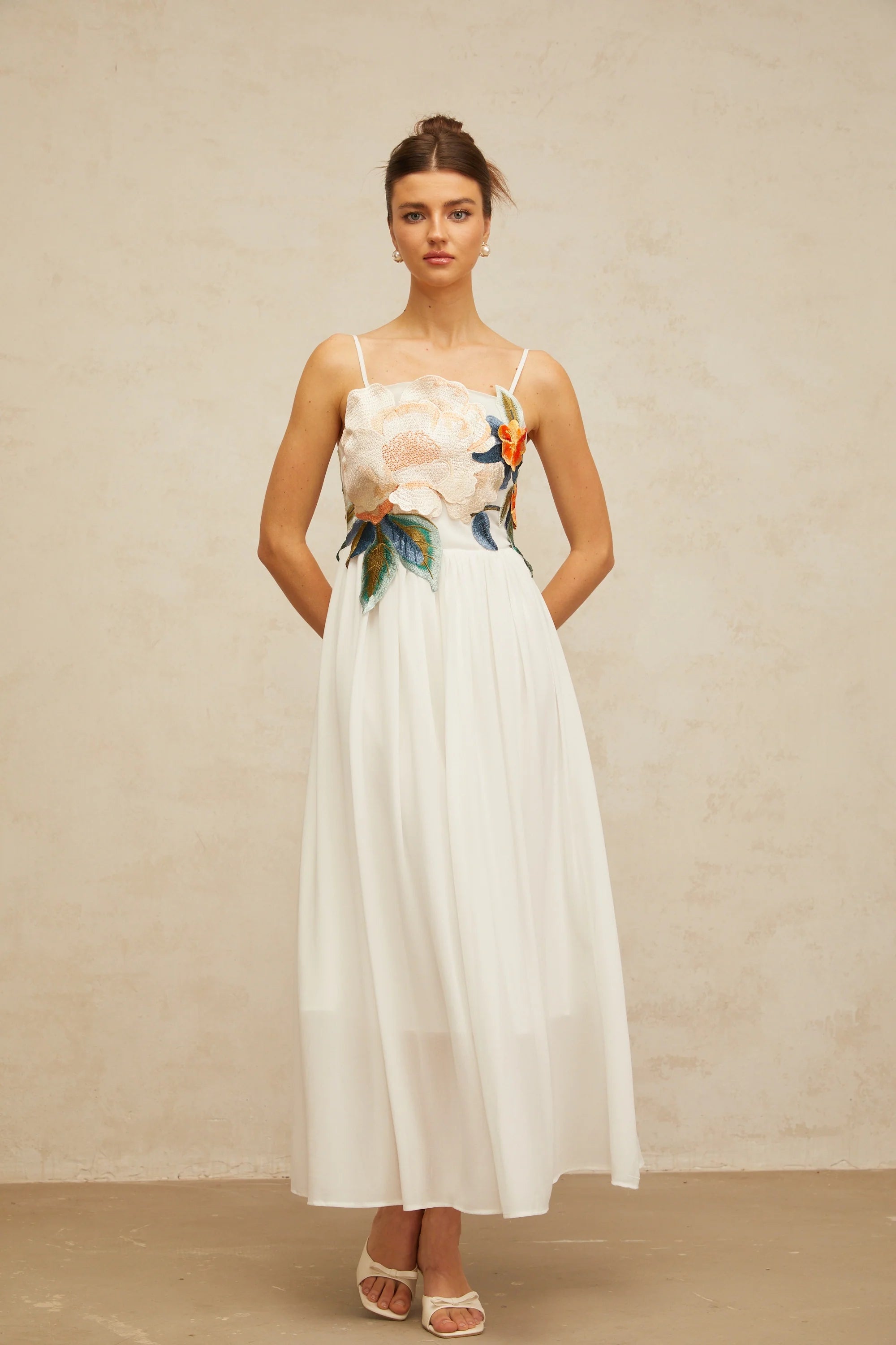 joann Appliqué Camellia Floral Maxi Dress in white
