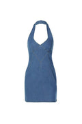 Flowering Girl Women Summertime Inspiration Medium Wash Denim Halter Mini Dress