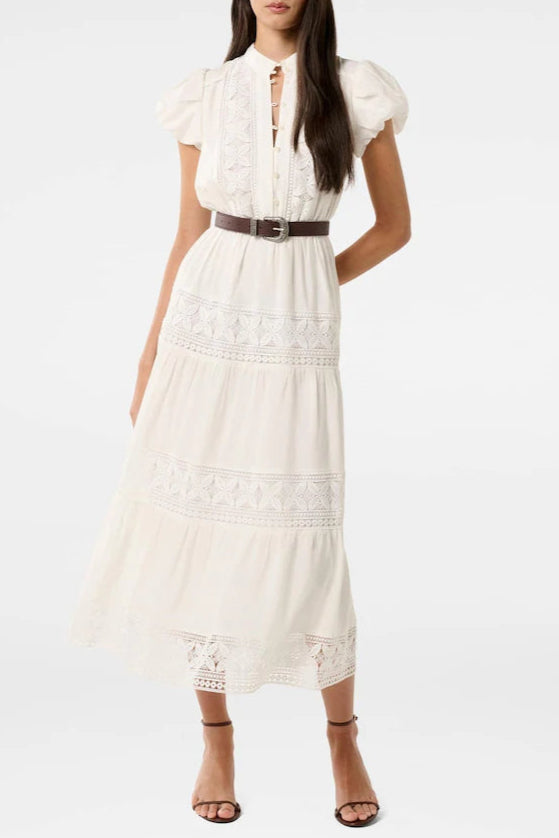 White Adelaide Lace Belted Trim Midi Dress
