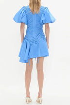 Flowering Girl Women Eudora Asymmetric Pleated Puff Sleeve Mini Dress In Mist Blue