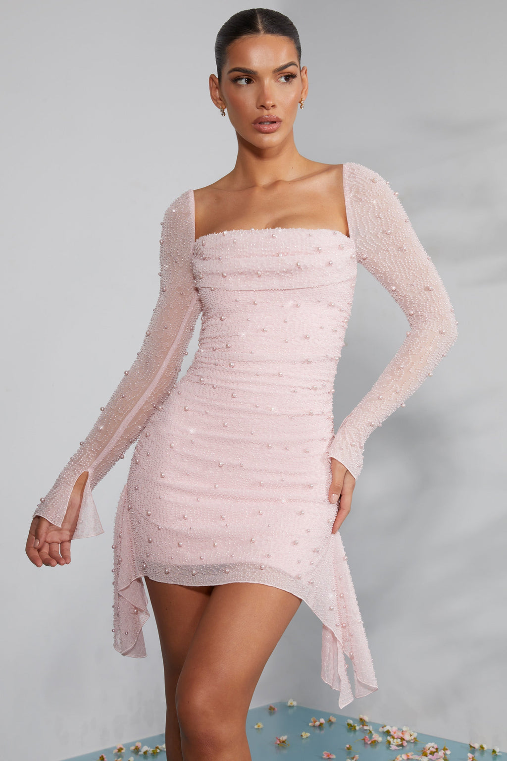 Long Sleeve Embellished Cowl Neck Mini Dress In Blush