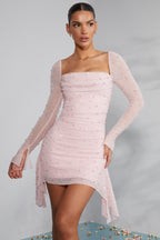 Long Sleeve Embellished Cowl Neck Mini Dress In Blush
