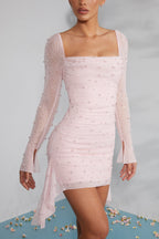 Long Sleeve Embellished Cowl Neck Mini Dress In Blush