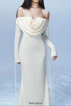 lila flower embellished pleated strapless maxi dress in white