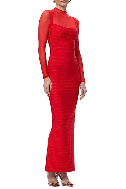 tina Red long-sleeve mesh see-through bandage maxi dress