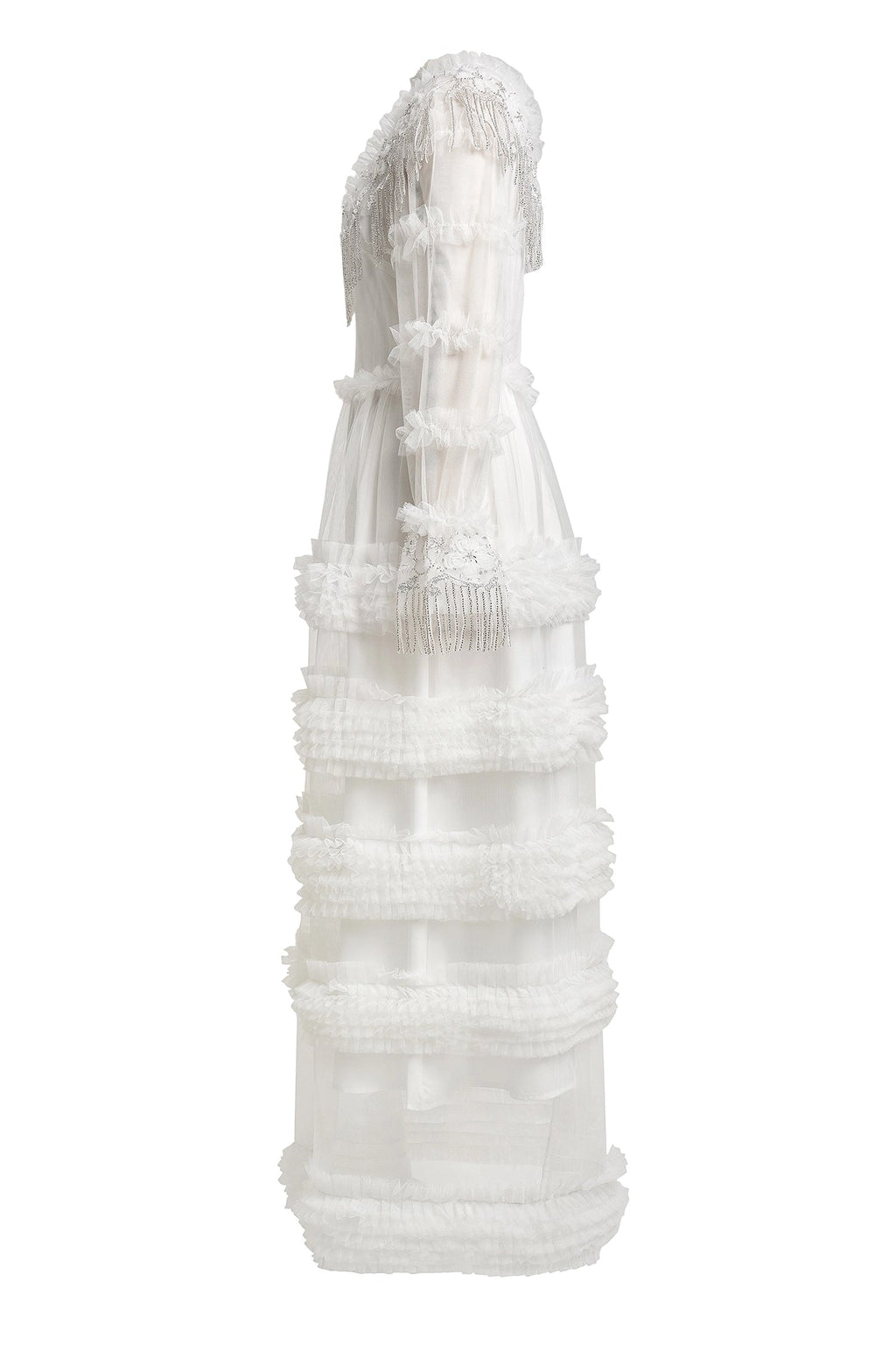 kimberley white Beaded Frill Round Neck Midi Dress
