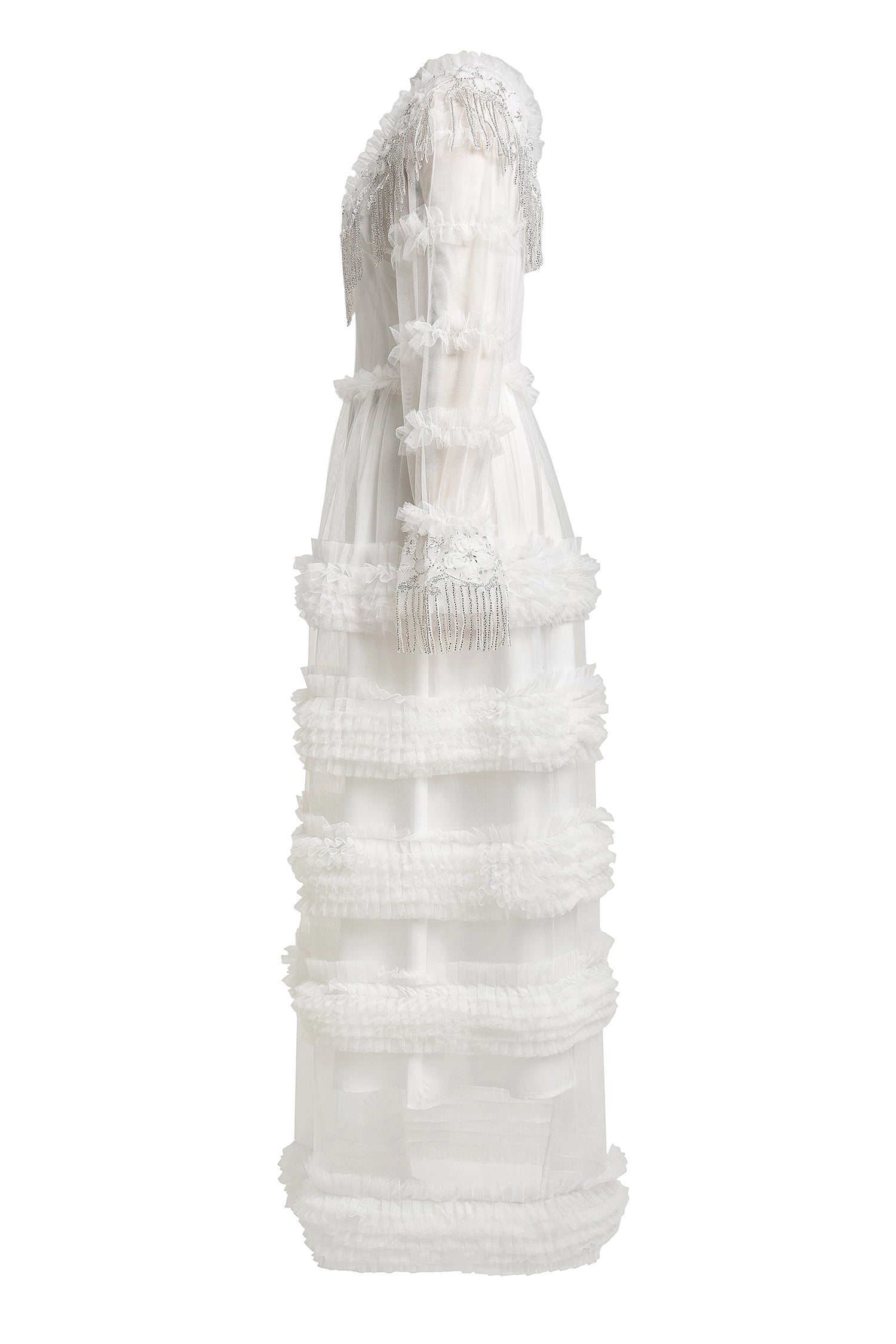 kimberley white Beaded Frill Round Neck Midi Dress