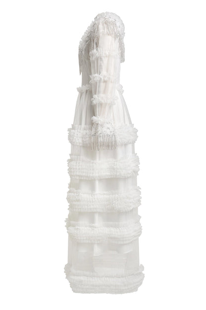 kimberley white Beaded Frill Round Neck Midi Dress