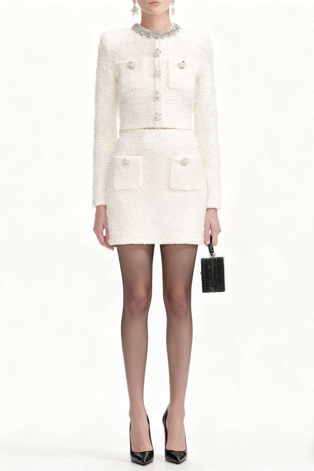 Flowering Girl Women Alisa Diamond-Embellished Tweed Cardigan Skirt Set In White