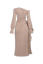 Flowering Girl Women Brianna Asymmetric Long Sleeve Pleated Maxi Dress In Beige