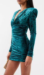 Flowering Girl Women Green V Neck Ruched Velvet Mini Dress
