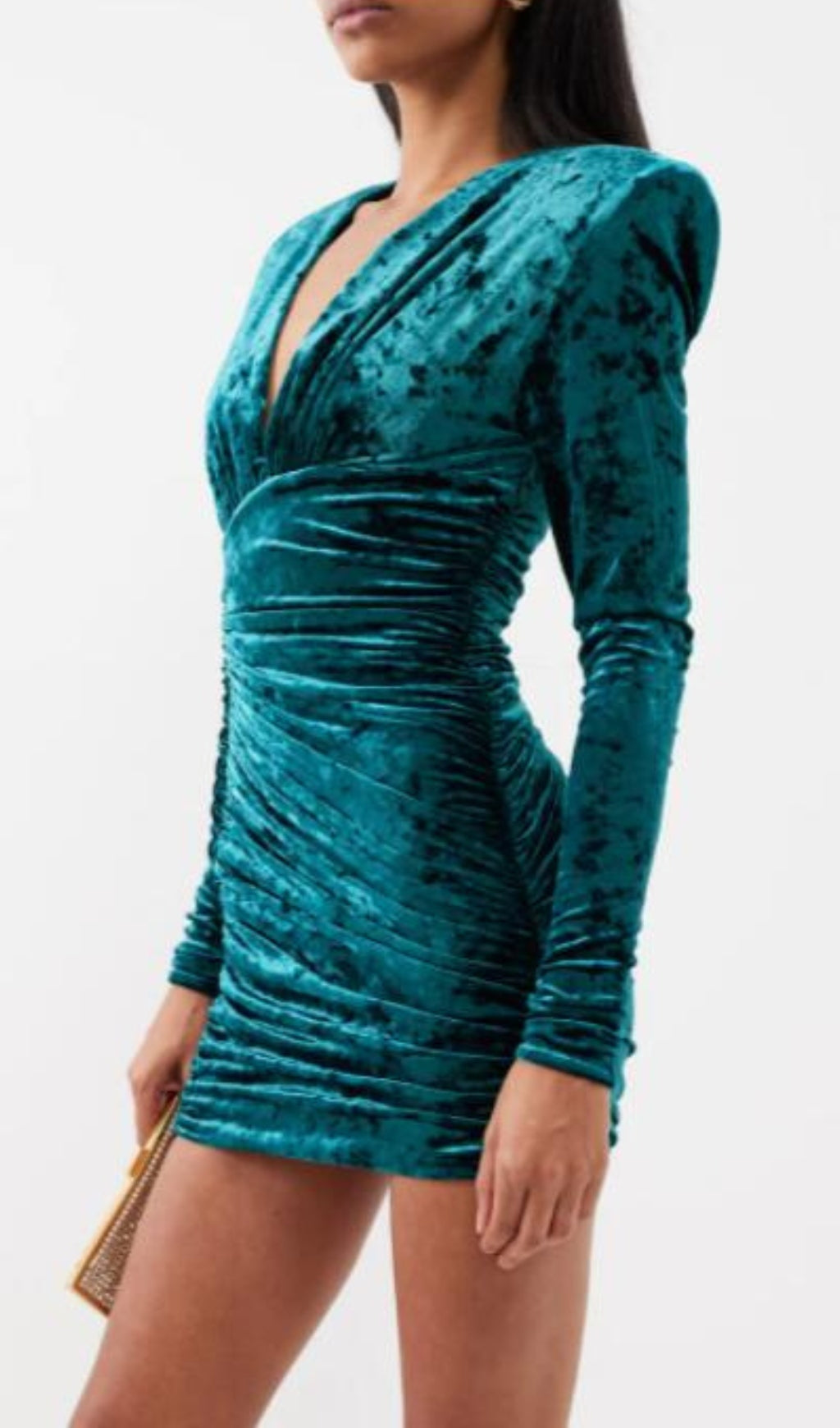 Flowering Girl Women Green V Neck Ruched Velvet Mini Dress