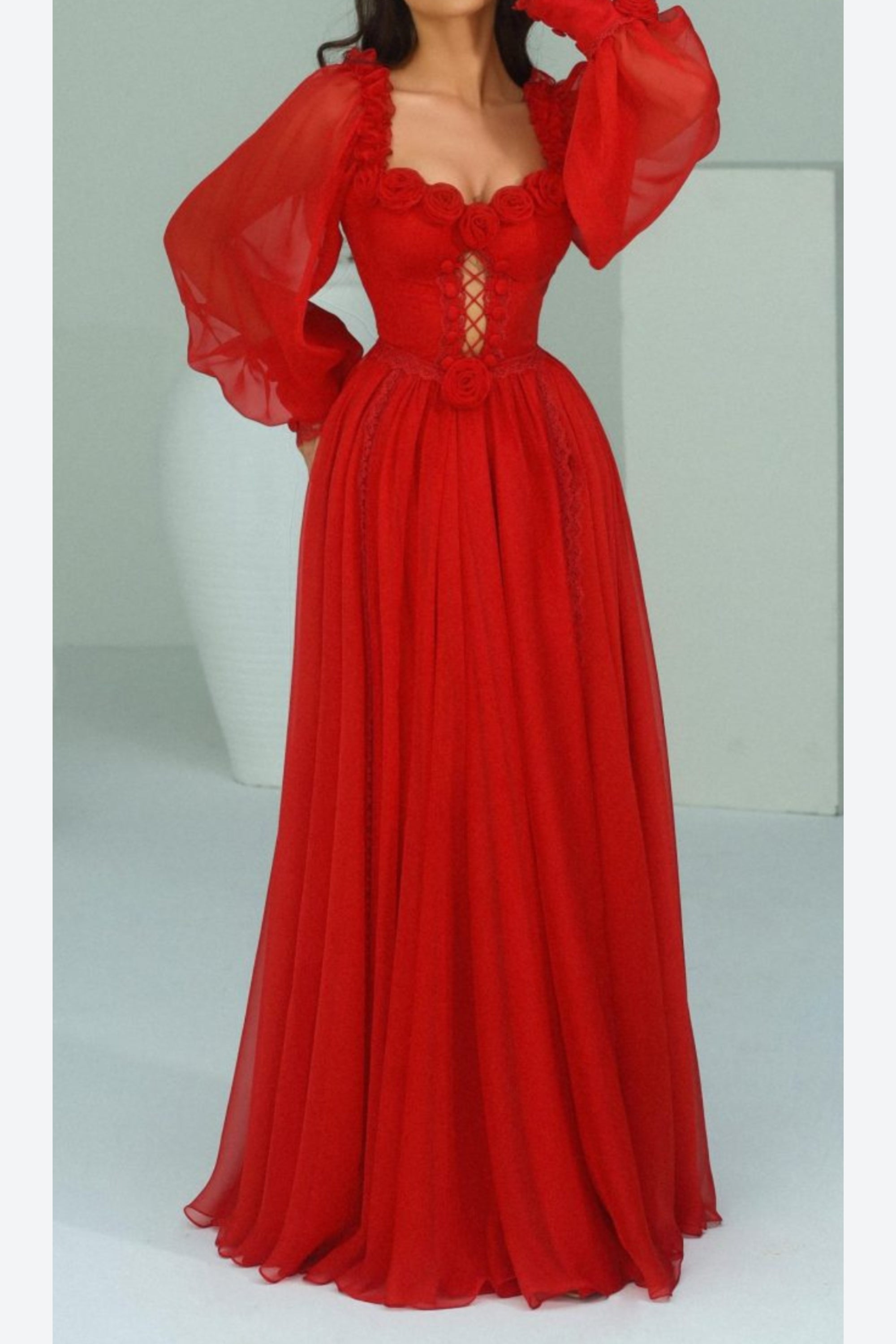 Flowering Girl Women Chiffon 3D Flower Long Sleeve Midi Dress In Red