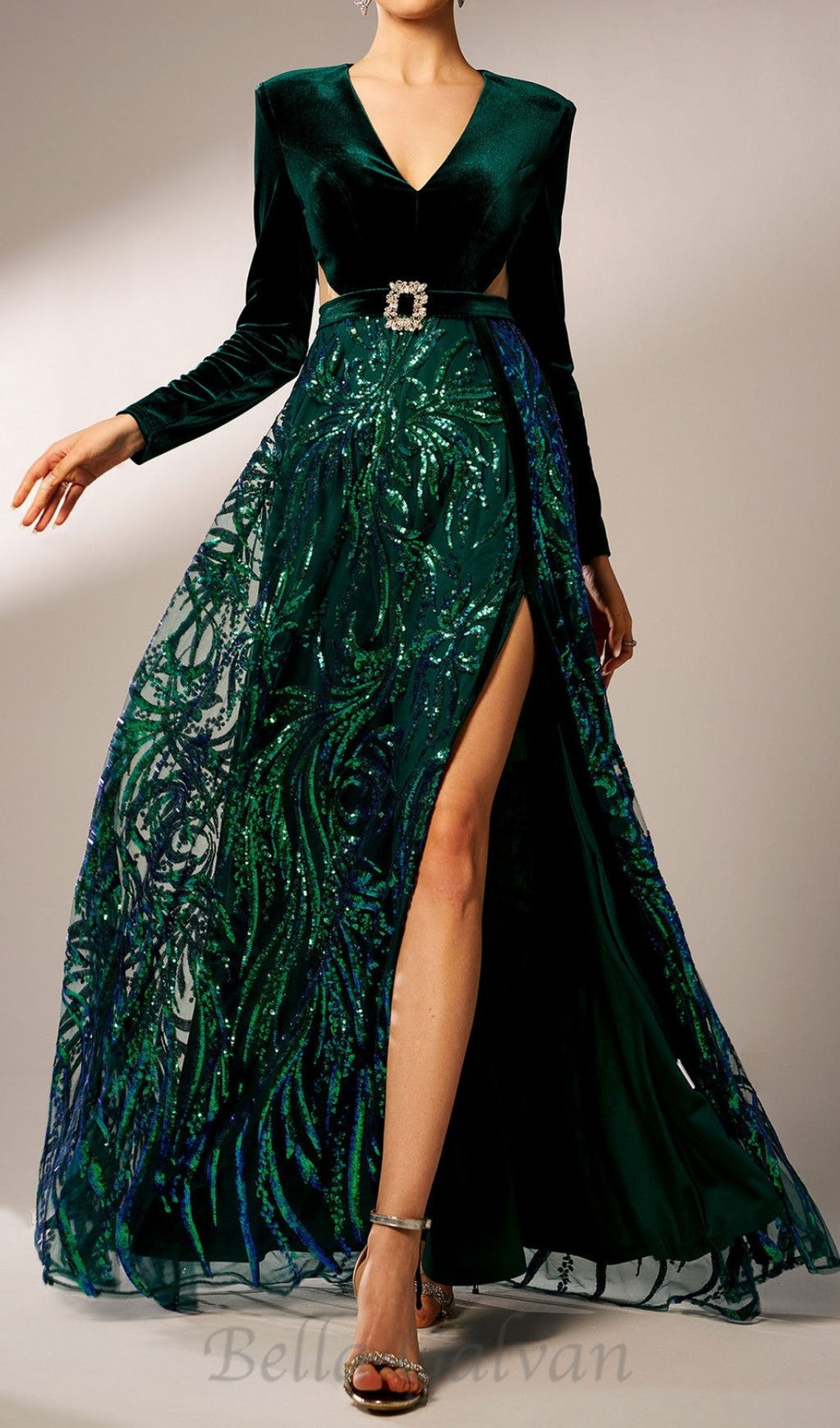 Flowering Girl Women high slit sequin long sleeve maxi dress in green