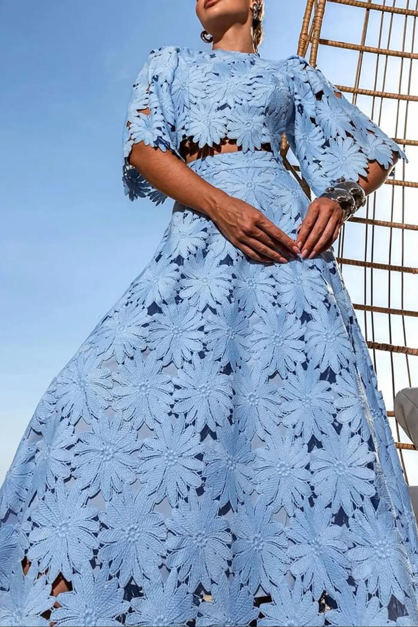 Flowering Girl Women Lace Embroidered Top & Maxi Skirt Two-Piece Set In Blue