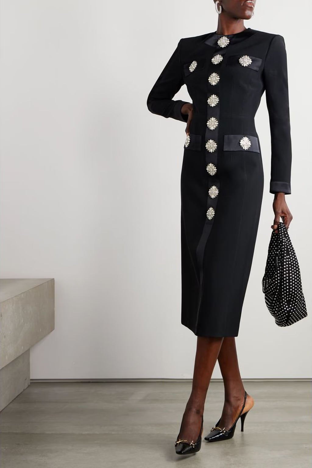 Flowering Girl Women Crystal embellished satin-trimmed crepe midi dress in black