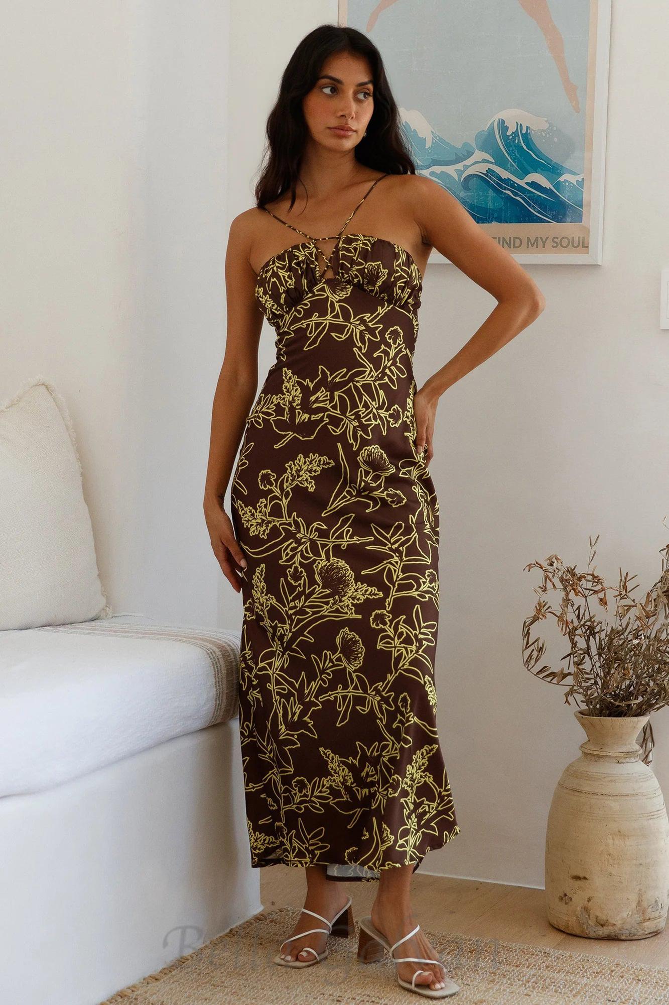 Flowering Girl Women print satin maxi dress in brown