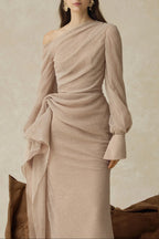 brianna Asymmetric Long Sleeve pleated maxi Dress in beige