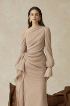 Flowering Girl Women Brianna Asymmetric Long Sleeve Pleated Maxi Dress In Beige