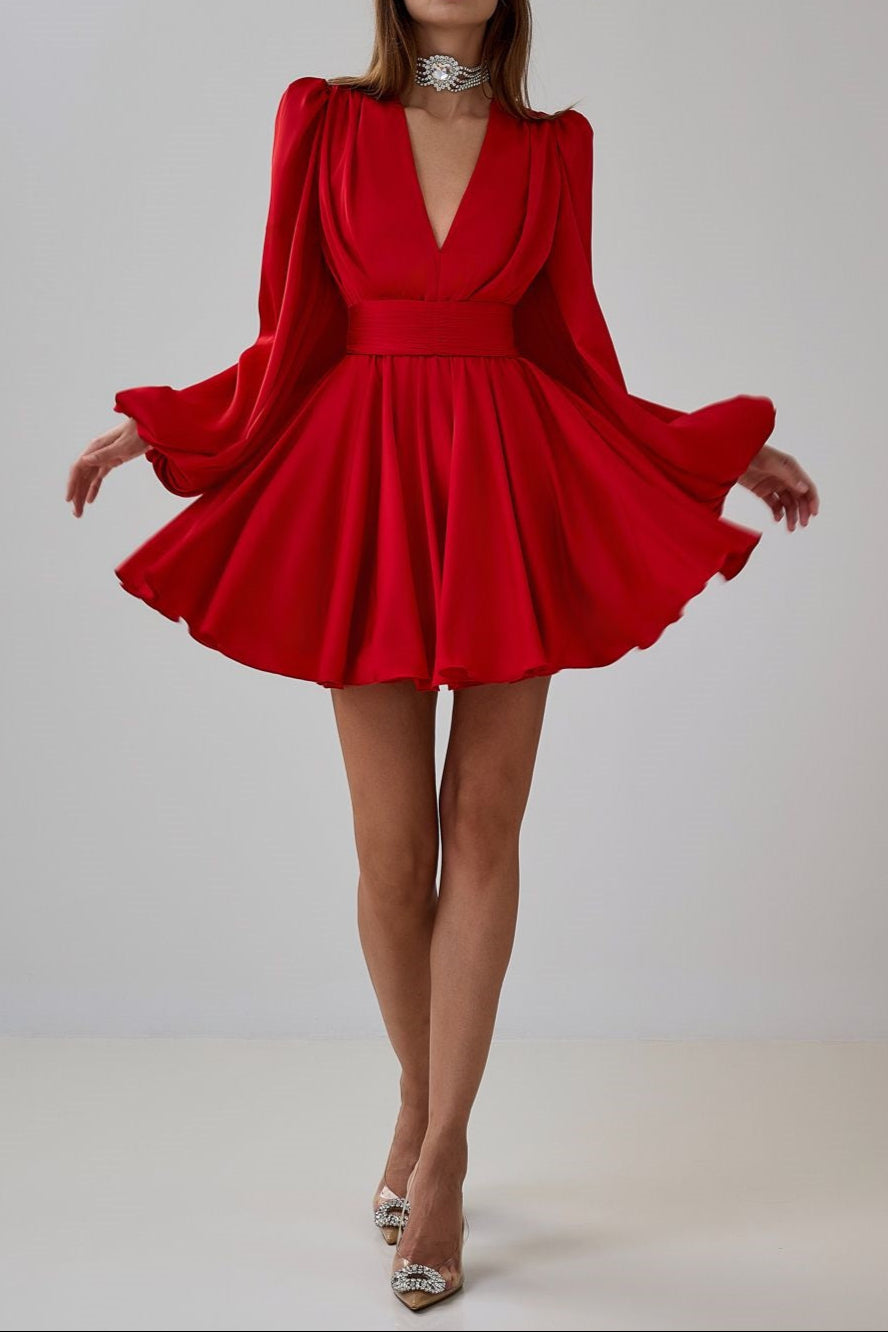 Flowering Girl Women Janice V-Neck Puff Sleeve Mini Dress