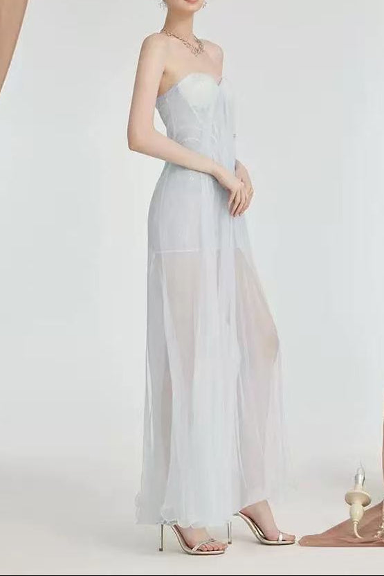 Flowering Girl Women Thea Strapless Mesh Backless Maxi Dress In Light Blue
