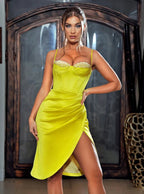 Flowering Girl Women Lemon Yellow Pleated Satin Mini Dress
