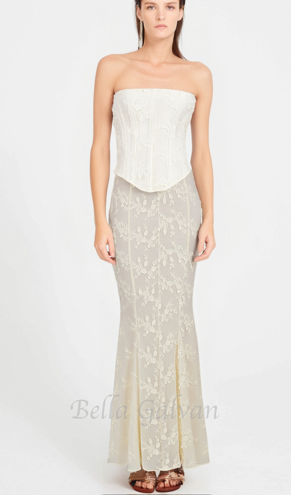 Flowering Girl Women vintage ivory embroidered strapless corset skirt suit